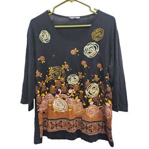 See You Fashion Is Art Womens Top XXL Black Floral Embellished 3/4 Sleeve Casual